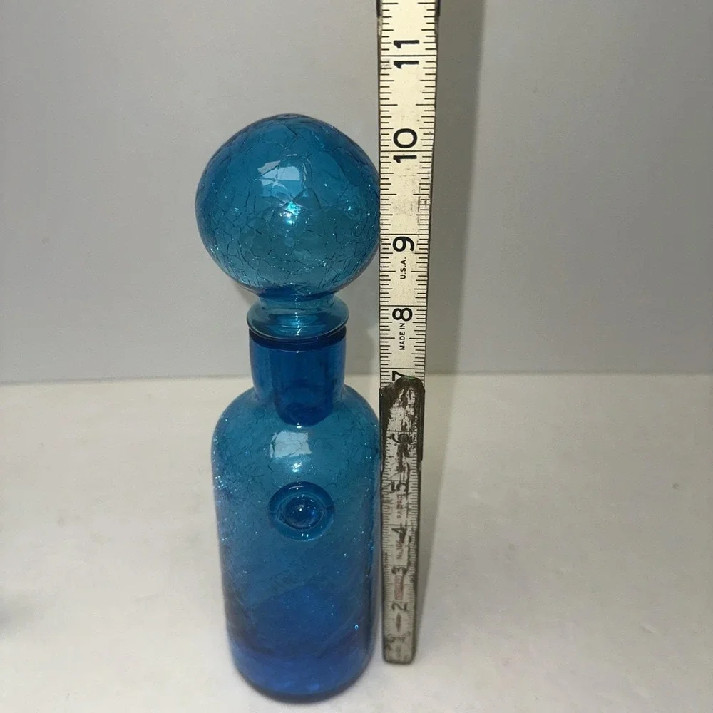 Blue Crackle Glass Decanter W/ Stopper Mid Century Modern MCM